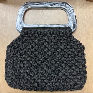 Vintage 70s Black Macrame Handbag with Lucite Handles